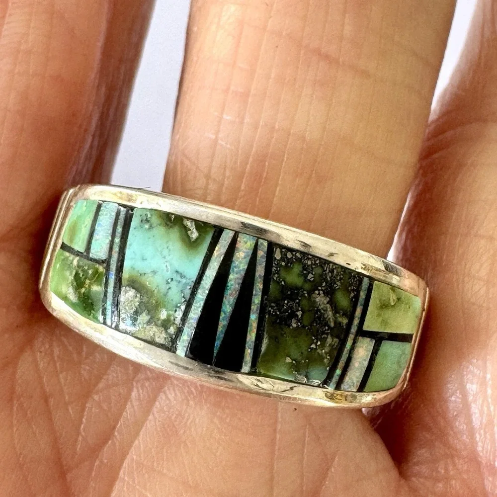 Navajo Inlay Sonoran Turquoise Opal Wedding Band Sz 11 9mm Ring Mens Tolino